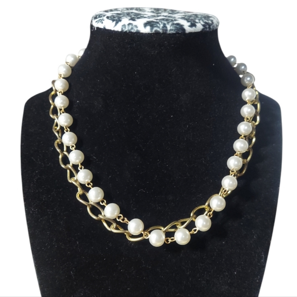 N2834 Vintage Goldtone Chain & Faux Pearl Layered Necklace